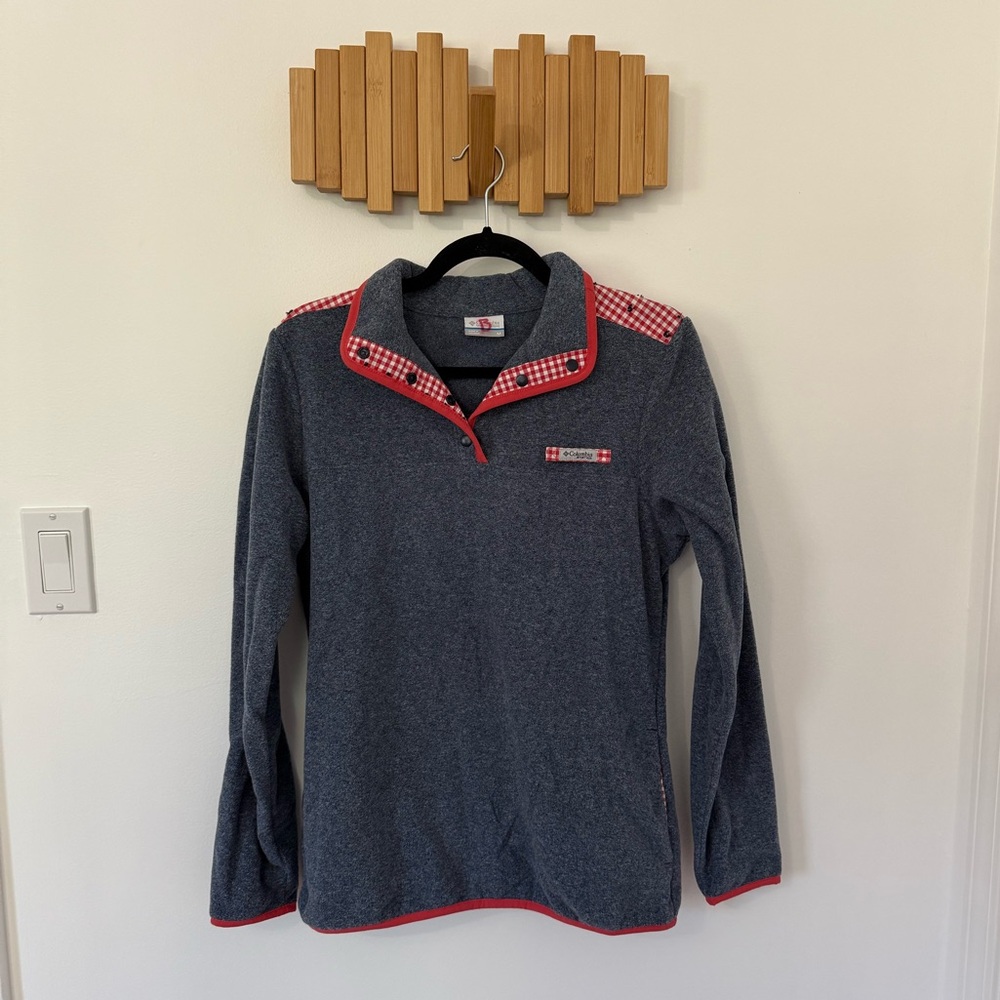 Women’s Columbia PFG Fleece Sweatshirt Quarter Snap Red Gingham, Size M